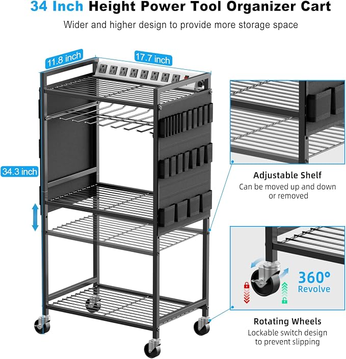 JUNNUJ Power Tool Organizer Cart with Charging Station, 6 FT Cord, Black | Floor Standing, Large Garage Rolling Storage Cart on Wheels, Heavy Duty Drill Battery Storage Rack, with 8 Outlet Power Strip