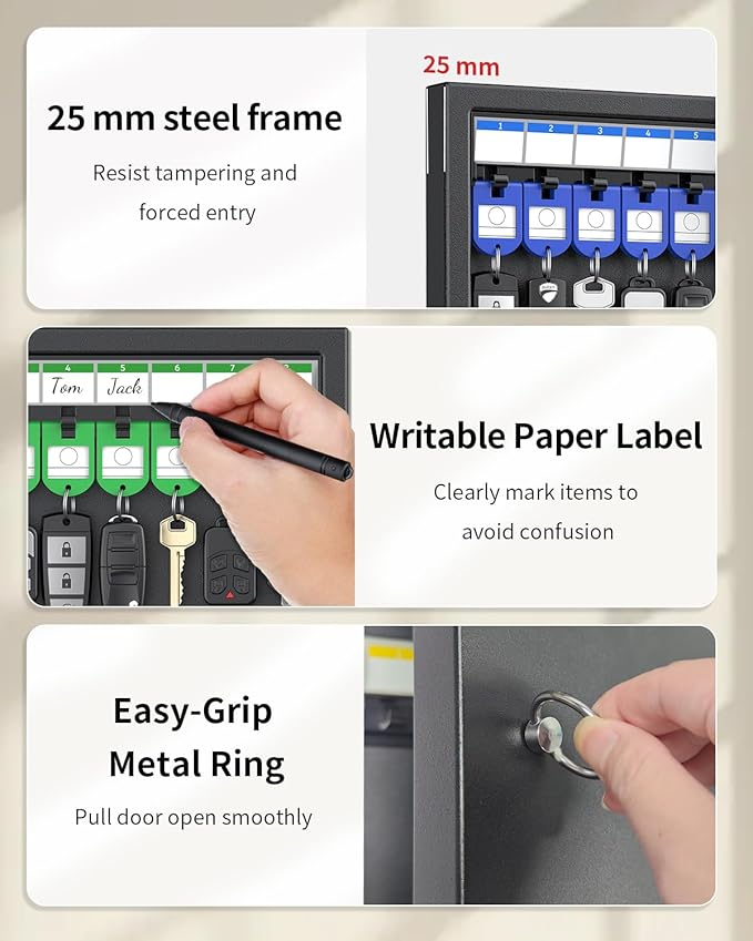 Uniclife 32 Position Key Lock Box, Wall Mount Security Key Cabinet, Black | Wider hook spacing fits car fobs, writable racks & tags for quick ID, easy mount, sturdy lock box for office hotel & company