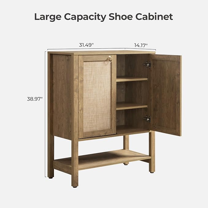 SICOTAS Rattan Shoe Cabinet with Storage, 5 Tier, 3 Pieces | Boho Shoe Organizer with Doors & Shelves, Free Standing Shoe Rack Storage Cabinet for Entryway, Living Room (Carbon Cherry)