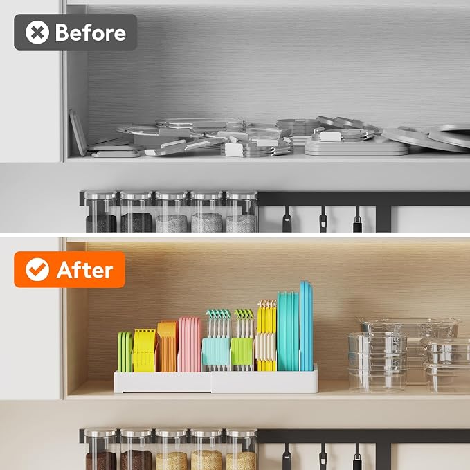 Lifewit Kitchen Cabinet Organizer for Food Contanier Lid, Expandable Lids Holder with 8 Adjustable Dividers & 9 Sections for Pantry Organizers and Storage, Home Drawer Organization, Large, 9.8"-17"