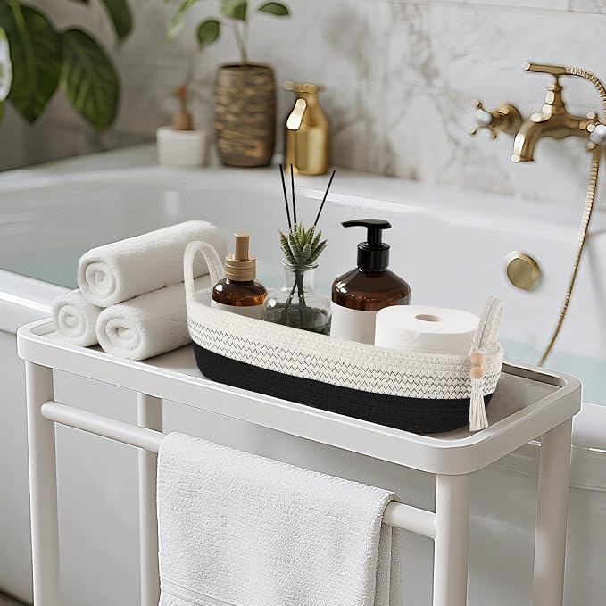 Mkono Toilet Paper Basket, Boho Bathroom Decor, Small Storage Organizer | Black and White, 15.7"L x 6"W, Back of Toilet Basket, Decorative Woven Tray with Handles, Space-Saving, Living Room Bedroom