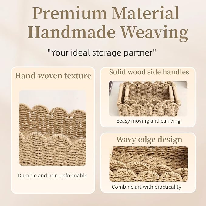 Handwoven Paper Rope Storage Basket, Scalloped Edge Decorative Organizer with Wooden Handles, Multifunctional basket for Bathroom Toilet Paper, Bedroom,End Table, Shelf and More Decoration (L)