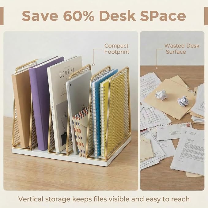 5-Section Vertical File Organizer for Desk, Gold | Sturdy Wood Base, Metal Mesh, Desktop File Holder, Upright Paper Folder Sorter
