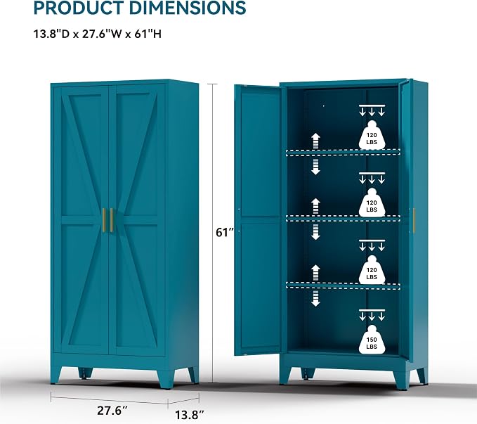 Farmhouse Pantry Cabinet with Barn Doors,61" H x 27.5" W,Metal Cabinet with Adjustable Shelves,4-Tier Storage Cabinet for Kitchen Dining Room Garage,Blue 1 Pack