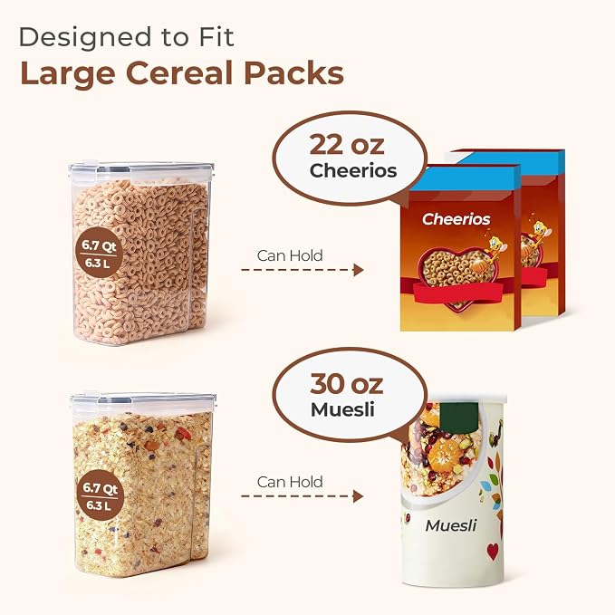 ComSaf Airtight Cereal Storage Containers with Lids 6.7Qt 2Pack, Easy Pour | Plastic Food Canister, Cereal Rice Oats Beans, Pantry Kitchen Cabinet, Dispenser with Label, Spout, Large Capacity, BPA-free