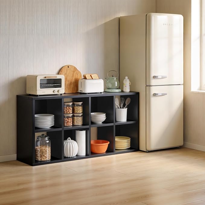 LUCKLIFE 8-Cube Storage Organizer, Stackable Modular Bookcase Shelf with Vertical or Horizontal Use, Fits 11×11" Bins, Optional Back Panels, for Living Room, Office, Black