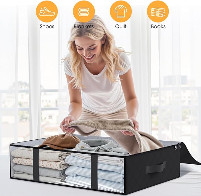 StorageRight Under Bed Storage Bags, 6 Pack, 40L, Black | Breathable Non-Woven Fabric with a Clear Window and Zippered Top for Clothes, Comforters, Blankets and Seasonal Storage