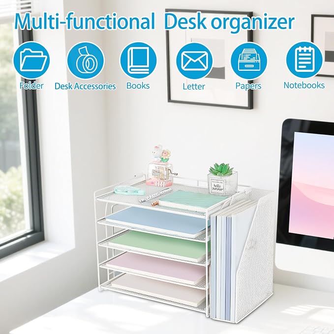 AUPSEN Desk Organizers and Accessories, 5-Tier Desktop Paper File Organizer with Removable File Holder, Desk Accessories & Workspace Organization for Home Office Supplies (White)