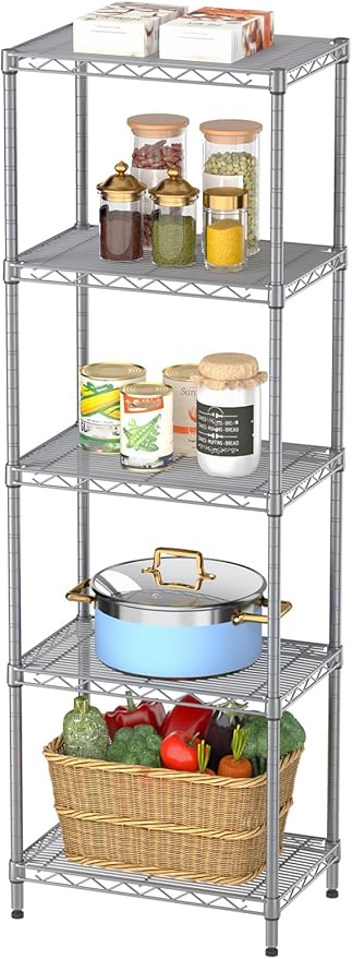SINGAYE Metal Shelves Wire Shelving Storage Standing Adjustable Shelf Unit | 5 Tier Mesh Units Shelf for Kitchen Laundry Bathroom Closet Organizers Pantry Narrow Home Rack 10" D x 16" W x 55" H Gray