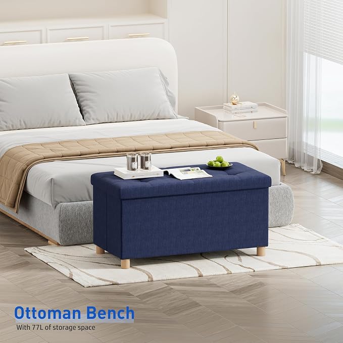 BRIAN & DANY 30 Inches Folding Storage Ottoman Bench, Ottoman with Storage Bench for Bedroom, Living Room, Entryway, Foot Rest with Legs, Blue