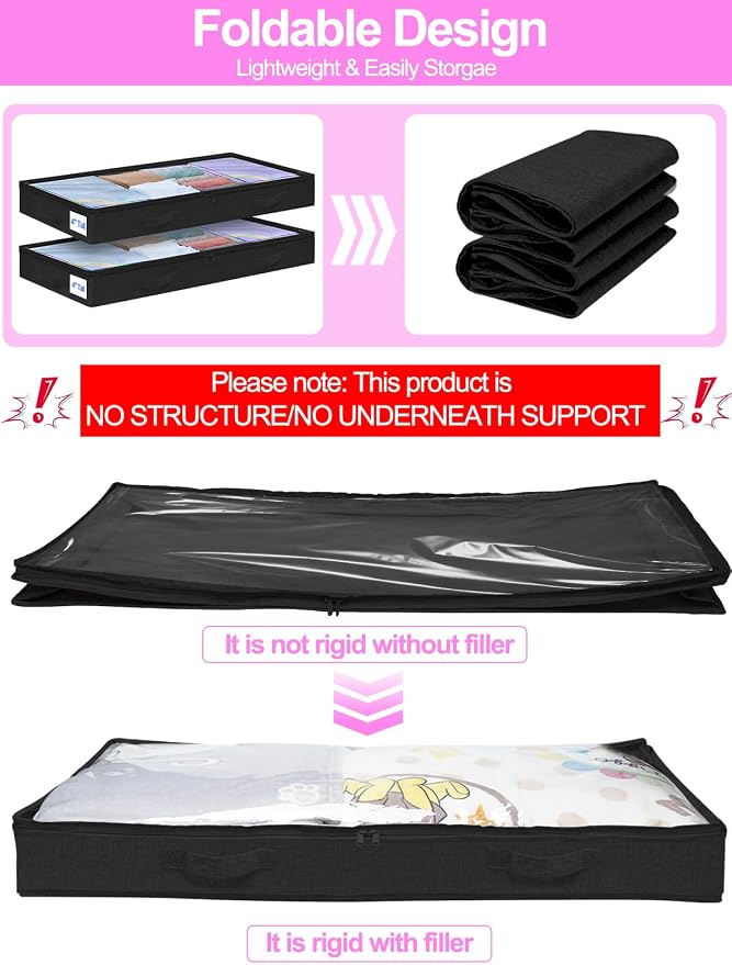 punemi 4 in Tall Low Profile Under Bed Storage Containers, 2 Pack, Black | Foldable Storage Design with Zipper & Clear Lid for Blankets & Clothing, Ideal for Closet, Bedroom & Dorm Organization