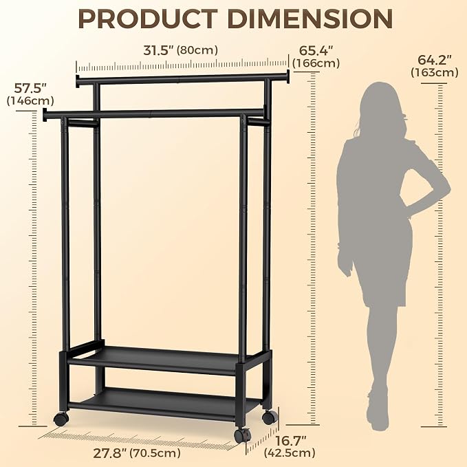 Double Rod Clothing Rack with 2 Shelves, Rolling, Black | All tools included, metal frame, 4 casters with 2 locking, for bedroom, laundry, and entryway