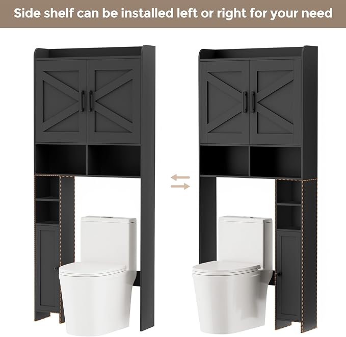 Homhedy Wooden Over The Toilet Storage Cabinet with Barn Door | Freestanding Bathroom Storage, Toilet Paper Holder, Adjustable Shelf,Space-Saving, Farmhouse Style, Black