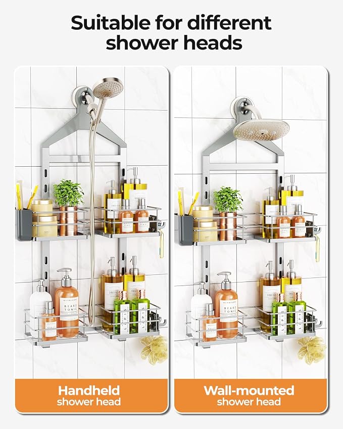 ODesign 2 Tier Shower Caddy for Handheld Shower Heads Anti-Swing Silver | No drilling required,comes with removable hook and storage box,suitable for handheld and wall-mounted showerheads