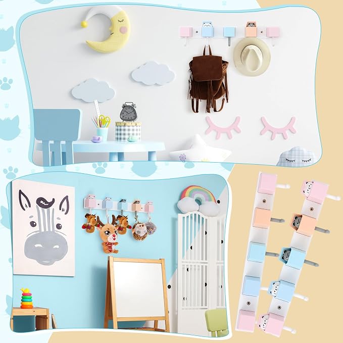 Maitys 2 Pcs Kids Coat Rack Wall Mount Kids Wall Hooks Rainbow Coat Rack Hooks for Boys Girls Toddler Cute Bathroom Decor Colorful Backpack Hanger Supplies for Clothes Hat Towel in Bedroom (Cat)