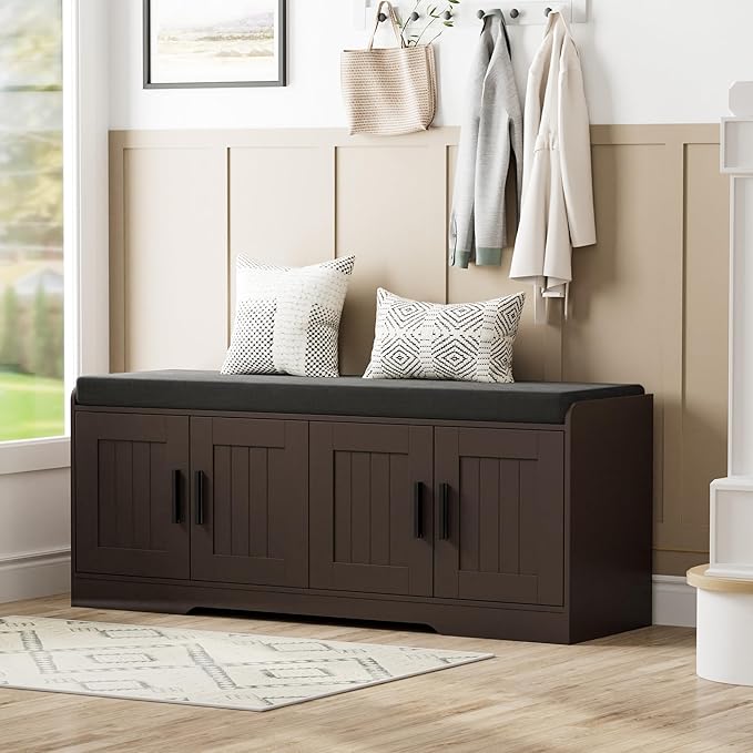 Homleke Shoe Storage Bench, 4 Doors & Thickened Padded Seat Cushion | 2-Tier Shoe Bench, Entryway Bench, Adjustable Shelf, 13.8" D x 45.3" W x 18.5" H, for Living Room, Bedroom, Brown