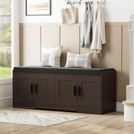 Homleke Shoe Storage Bench, 4 Doors & Thickened Padded Seat Cushion | 2-Tier Shoe Bench, Entryway Bench, Adjustable Shelf, 13.8" D x 45.3" W x 18.5" H, for Living Room, Bedroom, Brown