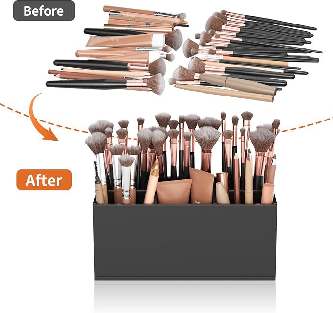 Black Makeup Brush Holder Organizer Acrylic 6-Slots Cosmetic Brushes Storage Organizer for Vanity Countertop