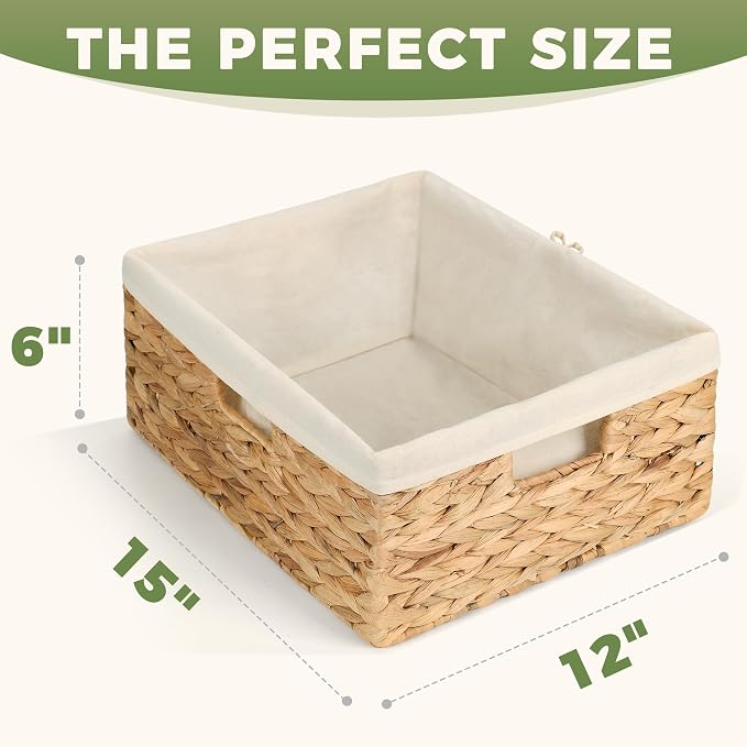 Wicker Shelf Storage Baskets for Organizing - Natural Water Hyacinth Woven Basket Organizers & Storage for Shelves w/Handles & Cotton Liner for Home & Pantry Decor Organization, Large 15” x 12” x 6”