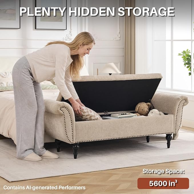 63.8" Storage Bench for Bedroom End of Bed Ottoman Chenille Light Brown | Ultra-soft Breathable Chenille Fabric Upholstered Ottoman Footrest with Rolled Arms for Bedroom Living Room Holds 700lb