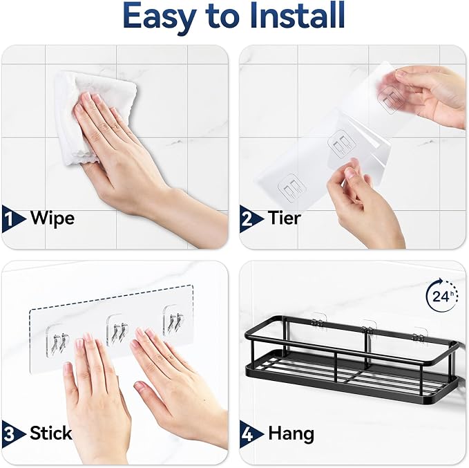 YASONIC Shower Caddy Adhesive, Rustproof Shower Organizer, Large Capacity Shower Shelves for Inside Shower, No Drilling Bathroom Organizers and Storage for Home Decor （2 Pack Black）