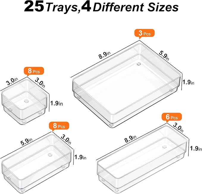 SMARTAKE 25 PCS Drawer Organizer, 4-Size Desk Drawer Organizer Trays | Storage Tray with Non-Slip Silicone Pads for Makeup, Jewelries, Utensils in Bedroom Dresser, Office and Kitchen (Clear)