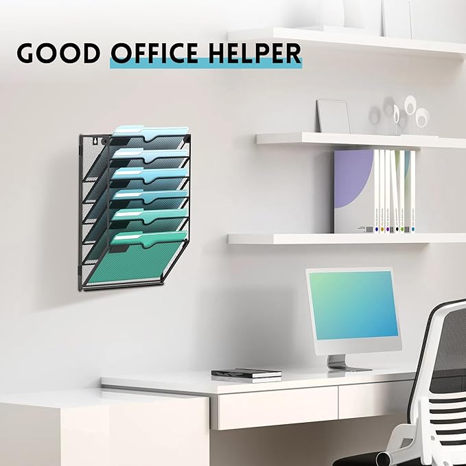 SUPEASY 6-Tier Wall File Organizer, Wall Mounted Mail Sorter, 2 Pack | Metal Mesh Hanging File Organizer with Open Compartments and Label Panels for Papers and Folders at Home, Office or School