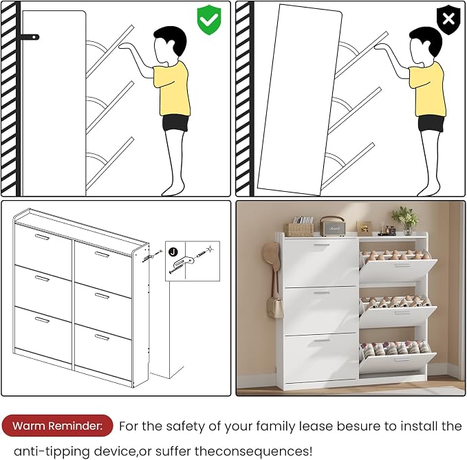 Modern Shoe Cabinet Organizer with 6 Flip Drawers, 47.2" W White | Freestanding shoe storage cabinet for entryway,foyer and hallway, space-saving flip drawers,Adjustable Shelves & 2 Hooks