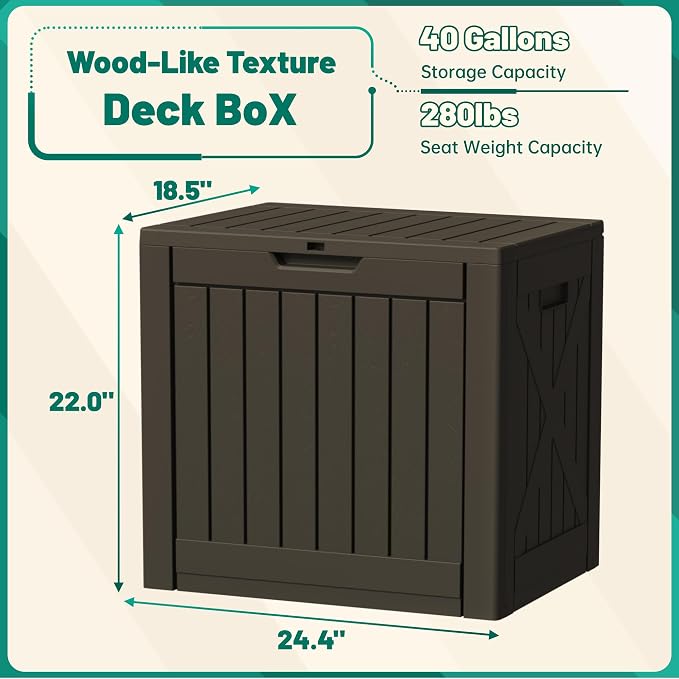 Devoko 40 Gallon Deck Box Lockable Outdoor Storage Box Waterproof for Patio | Weatherproof Use Indoors Outdoors, Holds Patio Cushions, Garden Tools & Pool Supplies, Easy 15-min assembly.