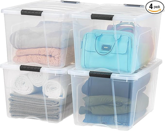 IRIS USA 4-Pack 72 Quart Storage Bins with Lids, Clear | Transparent design makes contents easy to find. Perfect for moving, blankets, clothing, and garage storage. Nestable design