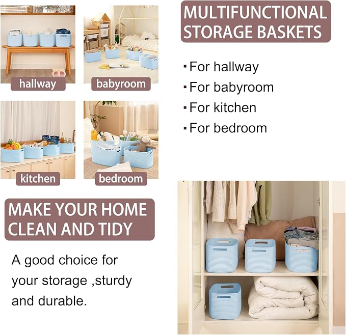 OIAHOMY 4 Pack Storage Baskets for Organizing, Cube Storage Bins for Shelves, Rectangle Storage Baskets With Handles, Woven Baskets for Storage, 12.7''Lx9''Wx7.8''H, Light Blue