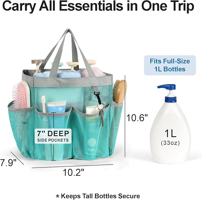 Mesh Shower Caddy Portable - 8 Pockets, S-Hook, Shower Bag for Dorm Camping | 2-Handle, Quick-Dry, Hanging Toiletry Organizer, College Dorm Room Essentials for Girls, Gym, Travel & Bathroom, Mint Green