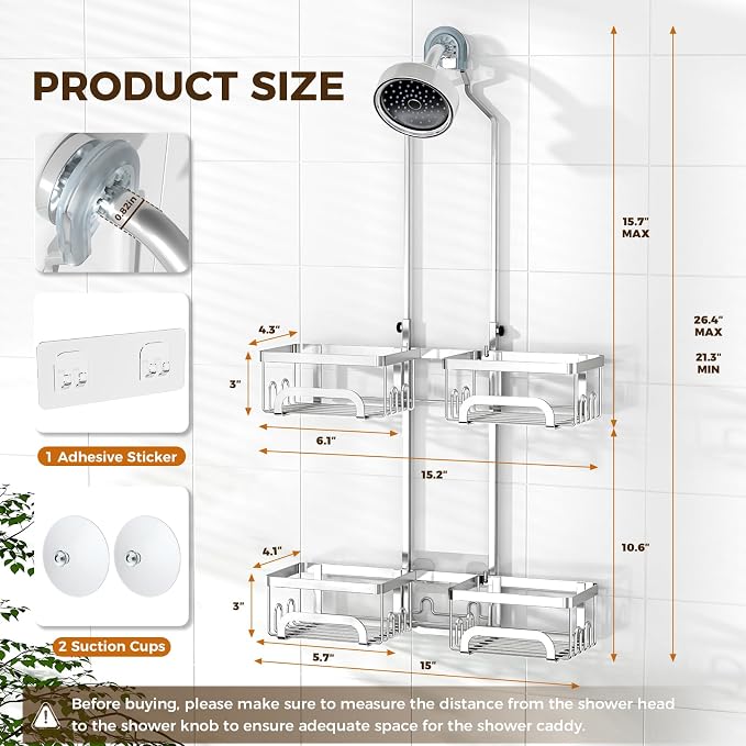 REINHARDT Split Shower Caddy Hanging for Handheld Showerheads, Silver | Adjustable Shower Organizer, Rustproof, 16 Hooks, Soap Holder, 40lbs Capacity, Anti-Slip, Tool-Free, Bathroom Accessories