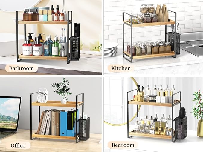 2-Tier Wood Bathroom Counter Organizer with Basket,Waterproof Vanity Perfume Skincare Storage for Bathroom, Kitchen, Dresser