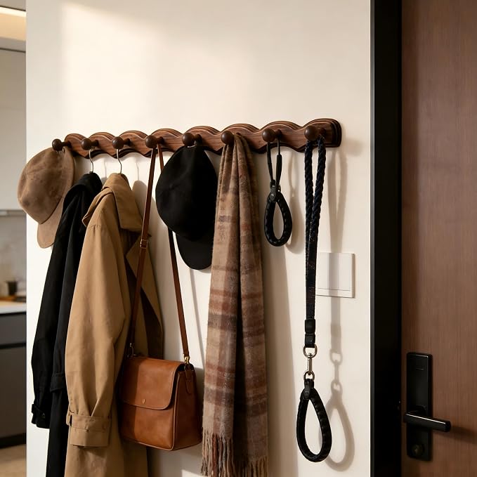 Wood Coat Rack Wall Mount -8 Pack Walnut Coat Hooks for Hanging Clothes,Keys, Robes,Purse,Towels,Bags,Backpack, Modern Decorative Wall hooks Heavy Duty Hanger Organizer for Bathroom,Entryway & Bedroom