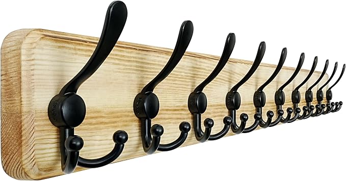 Coat Rack Wall - Heavy-Duty 38-1/4" Long, with Reinforced 10 Custom Tri-Hooks, Solid Wood Wall Hanger for Coats Hat Jackets - Rustic Farmhouse Entryway Hallway Storage, Light Brown & Black