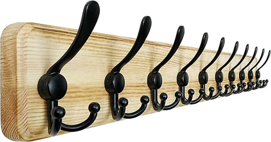 Coat Rack Wall - Heavy-Duty 38-1/4" Long, with Reinforced 10 Custom Tri-Hooks, Solid Wood Wall Hanger for Coats Hat Jackets - Rustic Farmhouse Entryway Hallway Storage, Light Brown & Black