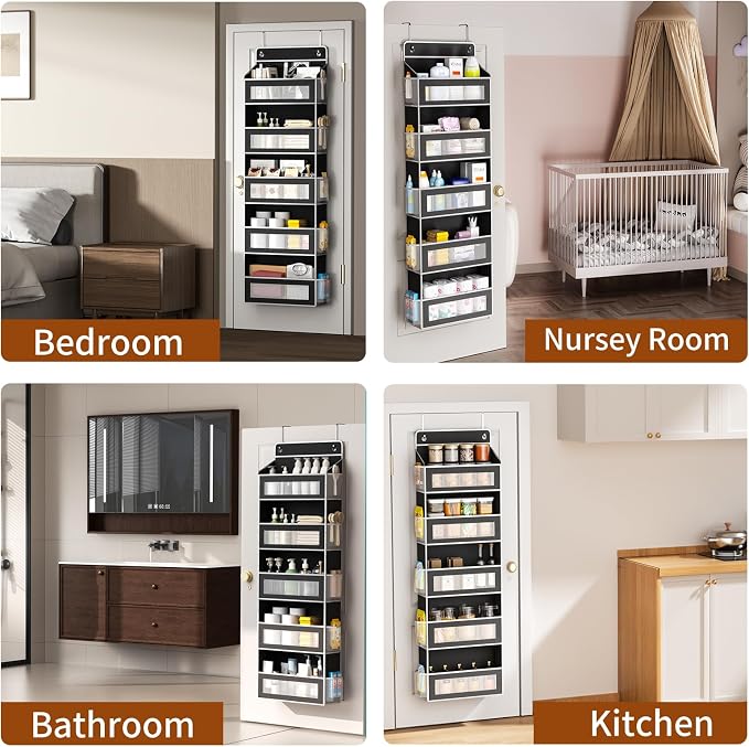 AQOOA 5-Tier Over The Door Organizer 44 lbs Capacity fit Standard Doors | Over the Door Storage 5 Large10 Side Pockets Behind Door Storage, Hanging Shelf for Closet Bathroom Bedroom Nursery, Black