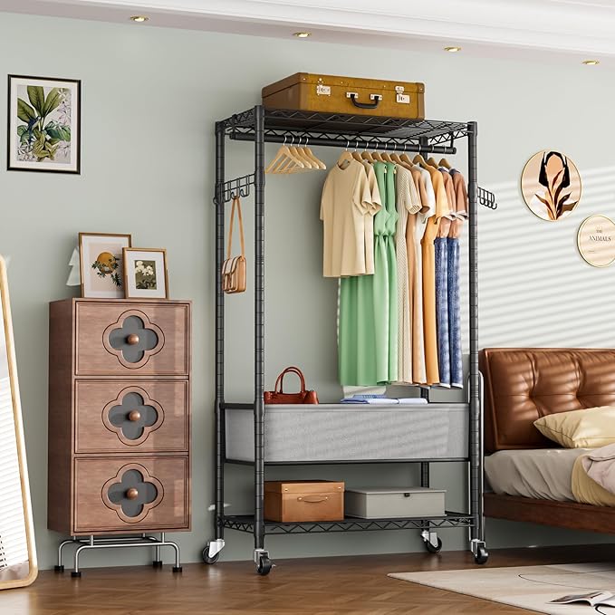 Heavy Duty Clothes Rack Rolling Garment Rack,3 Tier Adjustable Wire Shelving Clothing Racks for Hanging Clothes with Double Rods&Side Hooks,Freestanding Wardrobe Storage Rack Metal Portable Closet