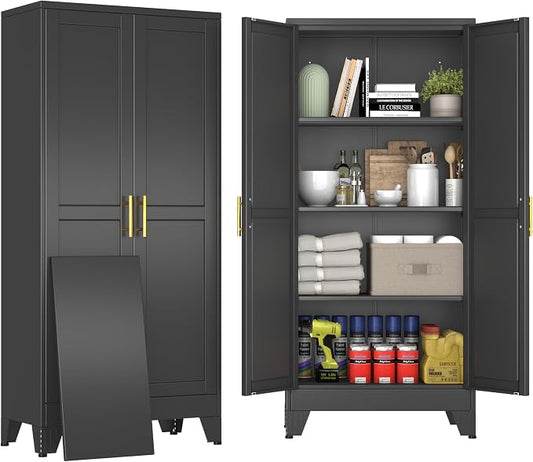 61" Black Metal Storage Cabinet with 2 Doors and 3 Adjustable Shelves,Steel Garage Tool Cabinet, File Cabinet,Kitchen Pantry Cabinet for Home,Office,Garage,School,Warehouse
