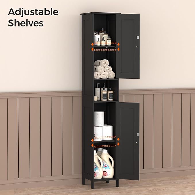 Homleke Tall Bathroom Storage Cabinet with 2 Doors, Slim Bathroom Cabinet | Narrow Storage Cabinet with Adjustable Shelves, Anti-Tip Design, Reversible Door, Easy Assembly, Black, 11.8''W