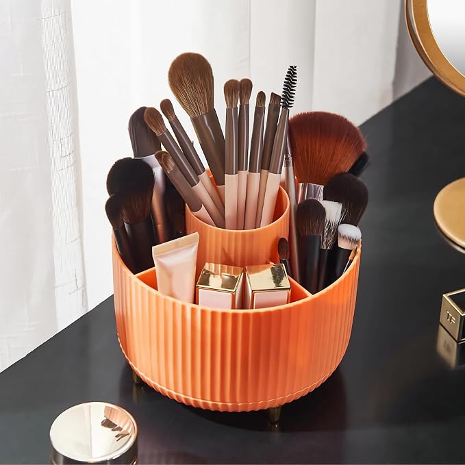 Diesisa 360 Rotating Makeup Brush Organizer With 5 Sections, Spining Countertop Swivel Makeup Brush Holder for Cosmetics, Nail Polish, Art Supply, Bathroom Vanity Desktop Organizer - Orange