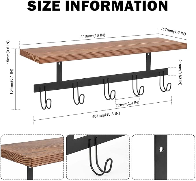 Livabber Wall Mounted Coat Rack with Wooden Shelf, Heavy Duty Wall Hanging Storage with 5 Metal Hooks for Bathroom, Entryway, Living Room, Bedroom (Black)