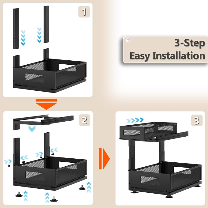 2 Pack Under Sink Organizer with Next-Gen Ball-Bearing Slides,2-Tier Pull Out Cabinet Storage,Height Adjustable Drawer Shelf for Bathroom,Kitchen,Laundry,Cabinet,Pantry(Patent Pending)