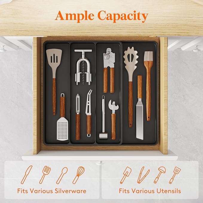 Lifewit Utensil Organizer for Kitchen Drawer, Expandable Cooking Silverware Tray, Adjustable Cutlery Flatware Holder, Plastic Spatula Tools Storage Divider, 17.3 x 15.8", Black