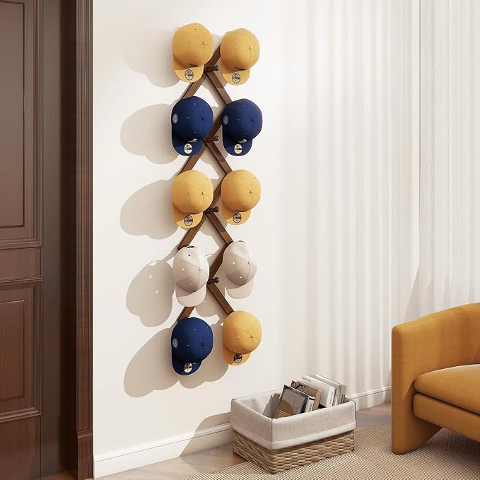 Accordion Wall Hanger, Hat Rack for Wall, Wood Expandable Coat Rack, Vintage Accordian Peg Hooks Purse Organizer for Hanging Baseball Caps, Coffee Mug, Hats, Clothes, Backpack, Towel