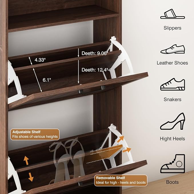 24" W Hidden Shoe Storage Cabinet with 2 Flip Drawers & Open Storage | Farmhouse Modern Shoes Rack Cabinet,Adjustable Shelves, Narrow Slim Shoes Organizer for Front Door Entrance, Entryway, Walnut
