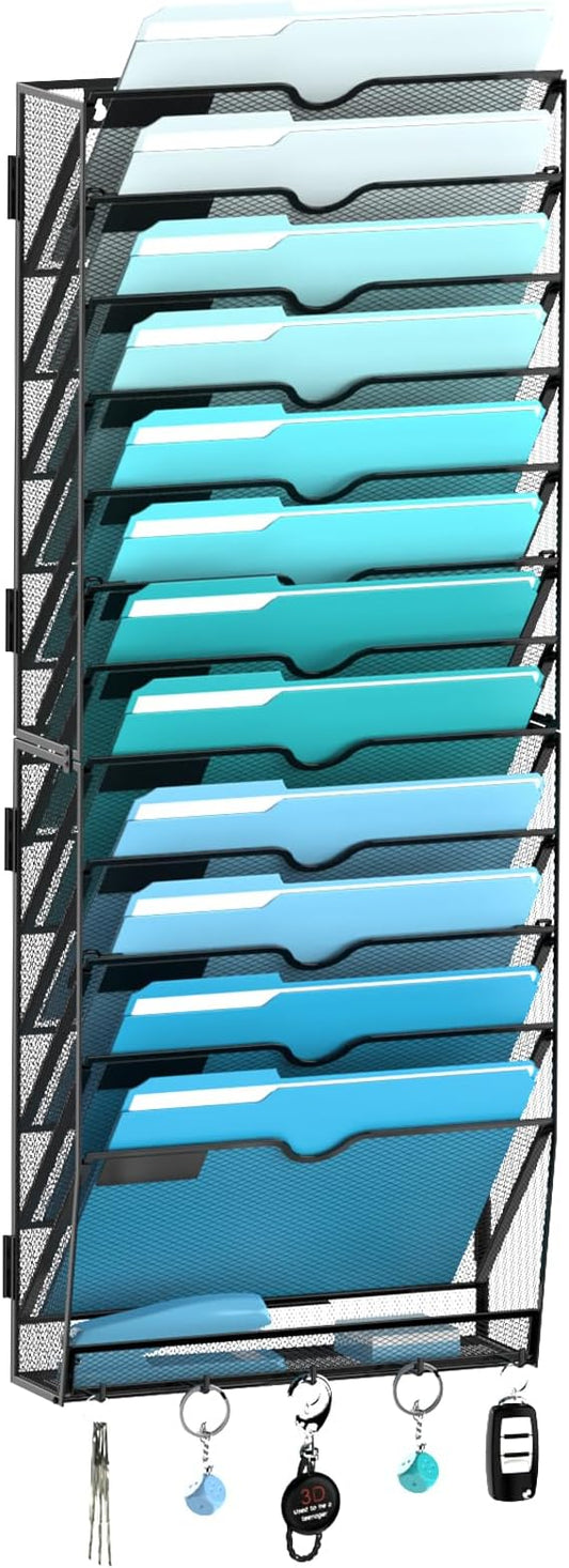 13 Tier Wall File Organizer - Hanging File Organizer with 5 Hooks, Mail Holder Wall Mounted for Papers, Folders, Magazines, Bills, Office&School Organization, Black