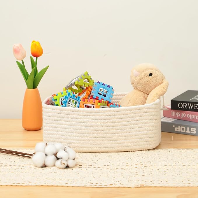 MiniArk Small Storage Baskets for Organizing | Closet Organizer Bins | Shelf Toy Basket | Woven Rope Baskets | Cube Decorative Box | Shallow Basket | 11.5x7.5x4.7” | 4 Packs Off White