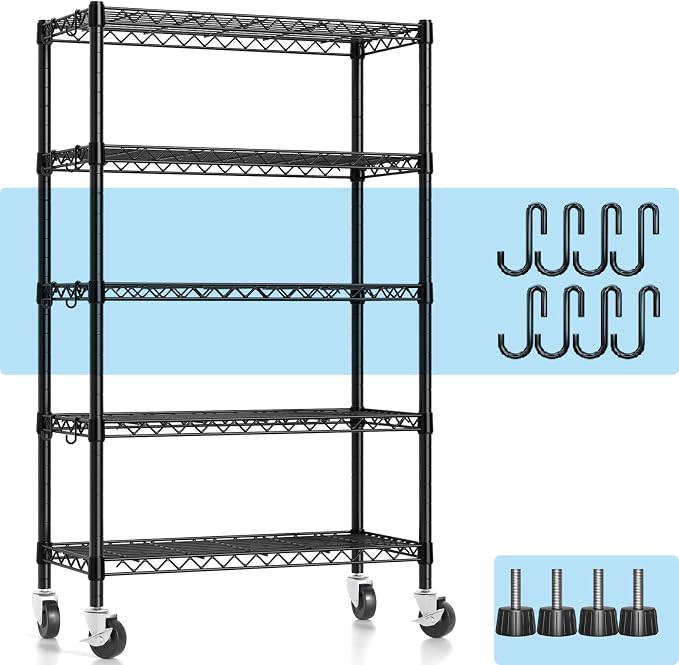 Hodonas Wire Shelving, 1900lbs Capacity 5 Tier Heavy Duty NSF Wire Shelf with Rolling Wheels Black Metal Storage Shelves Adjustable Wire Rack Unit 36"W x 14"D x 72"H for Kitchen Bathroom Garage Closet | 5 Tiers, Adjustable Metal Shelves, with Leveling ...